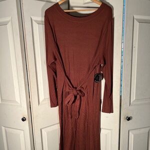 East Adeline Rust Orange Long Sleeve Ribbed Dress with Tie Size 2XL